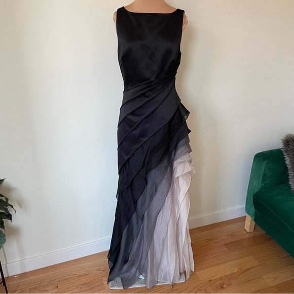 Halston Heritage Black Satin Organza Sleeveless Ombre Degrade Tiered Gown EUC 2 - Picture 4 of 12